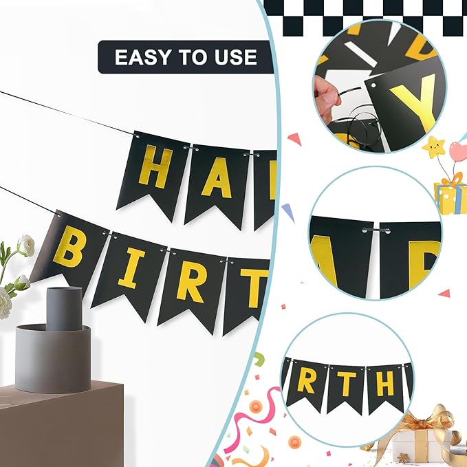 Black Happy Birthday Banner, Birth Decorations with Metallic Hanging Swirl, Sign for Backdrop Party Decor, Bunting Banner for Men Women, Supplies for Boys Girls