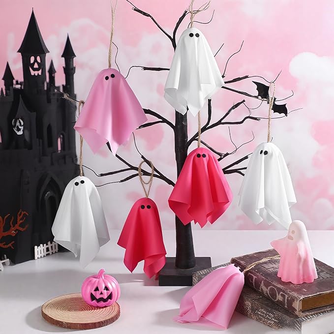Tegeme 15 Pcs Pink Halloween Ghost Decor Pastel Hanging Ghosts Halloween Decor 4 Inch Pink Decoration Indoor Outdoor Hanging Tree Ornaments for Home Garden Holiday Party