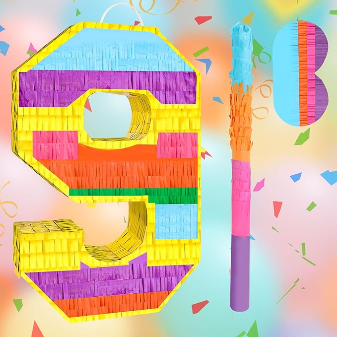 Rainbow Number 9 Pinata Birthday Decorations for Kids, Rainbow Pinata with Bat Stick Blindfold for Boys Girls 9th Birthday Celebrations Baby Shower Party Supplies (16.14x10.6x2.95 Inches)