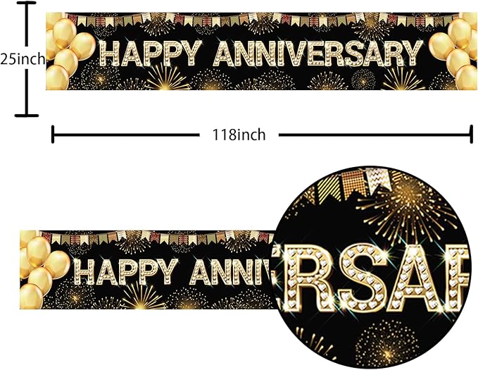 Happy Anniversary Party Backdrop Banner Black Gold Balloons Fireworks Theme Decor for Wedding Anniversary Party Supplies Yard Sign Background Indoor and Outdoor Party Decorations Gift