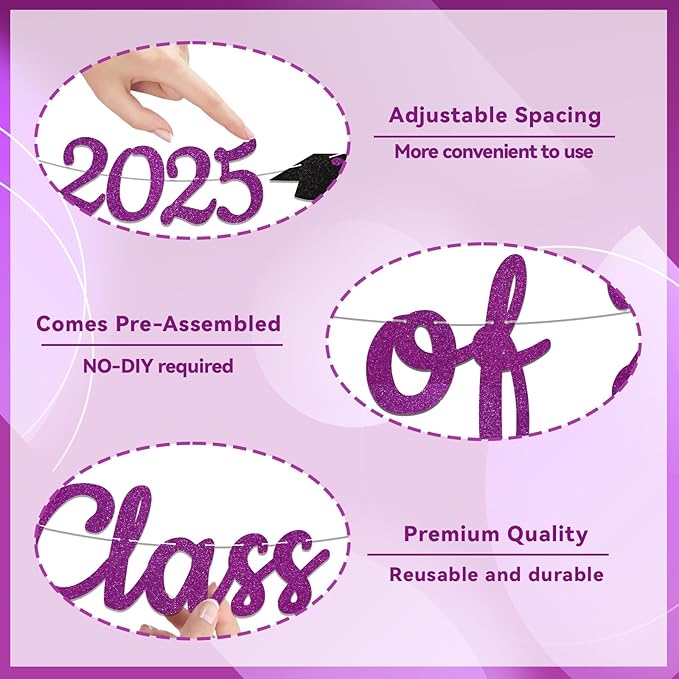 Class of 2025 Banner - 2025 Graduation Party Decorations, Congrats Class of 2025 Grad Decorations, Congratulations Decorations, 2025 Graduation Party Supplies (Purple)