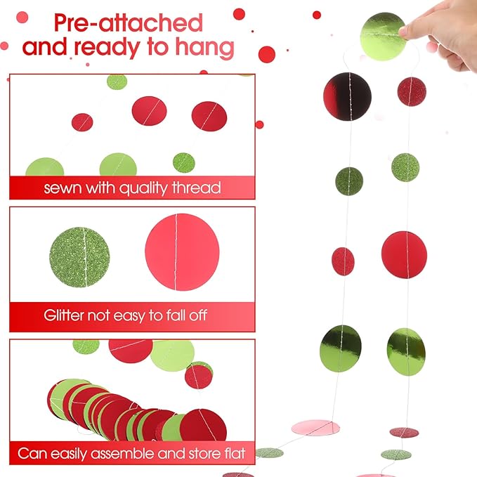 Syhood 10 Pcs Party Decorations Paper Dot Circle Garlands Glitter Streamers Hanging Banner Decor for New Year Baby Shower Wedding Birthday Backdrop Supplies (Red and Green)