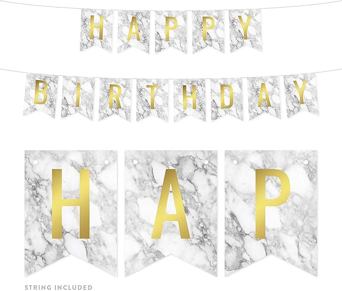 Andaz Press Hanging Pennant Banner Party Decorations, Marble and Gold, Happy Birthday, 1-Pack, Approx. 5-Feet, Coworker Sweet 16 Mis Quince Themed Decor for Her