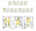 Andaz Press Hanging Pennant Banner Party Decorations, Marble and Gold, Happy Birthday, 1-Pack, Approx. 5-Feet, Coworker Sweet 16 Mis Quince Themed Decor for Her