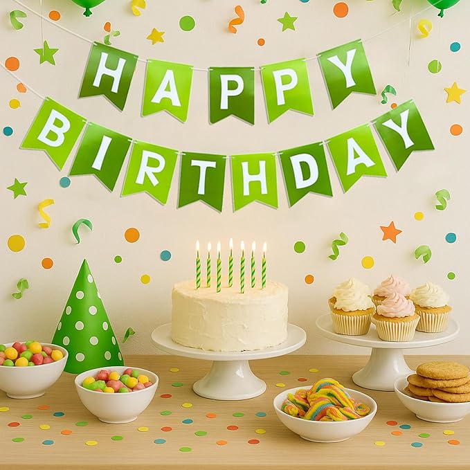 Green Happy Birthday Banner - Hanging Backdrop Sign with White Letters, Happy Birthday Sign Bunting Decorations for Women men Kids Baby Shower Party Supplies (13pcs)