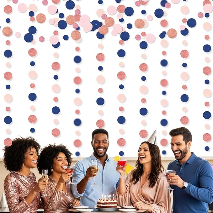 Outus 5 Pieces Blue,Pink,Rose Gold Round Dots Garland Easter Graduation Party Hanging Decor Each Length 13.1ft Glitter Paper Dot Streamers for Birthday Wedding Classroom