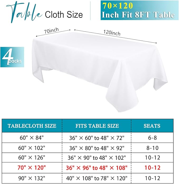 Kesfey 4 Packs White Table Cloths Rectangle 70 x120 inch Washable Polyester Fabric White Tablecloths for 6-8 Ft Tables Stain and Wrinkle Resistant Reusable Table Covers for Parties Wedding Banquet