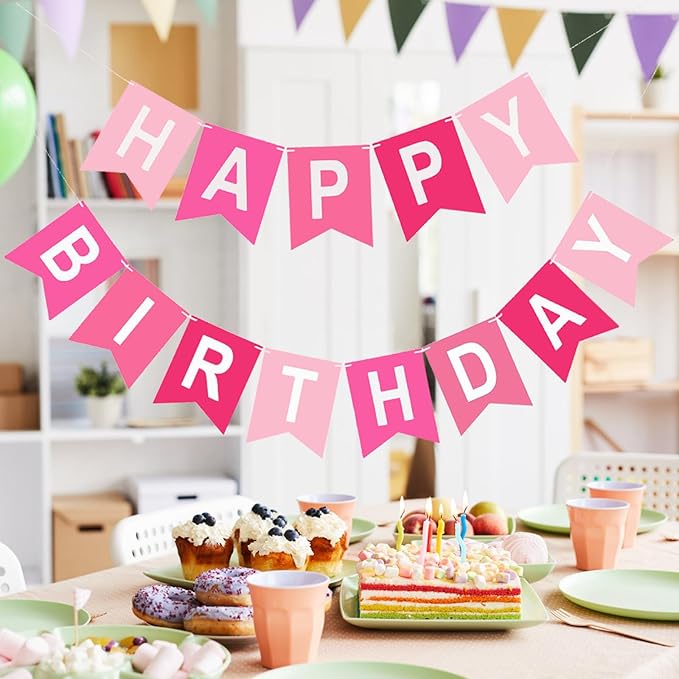 Happy Birthday Banner, Pink Colors Birthday Party Banner Assembled Garland Bunting Flags Women Men Girl Boy Party Hanging Decorations Indoor/Outdoor Supplies