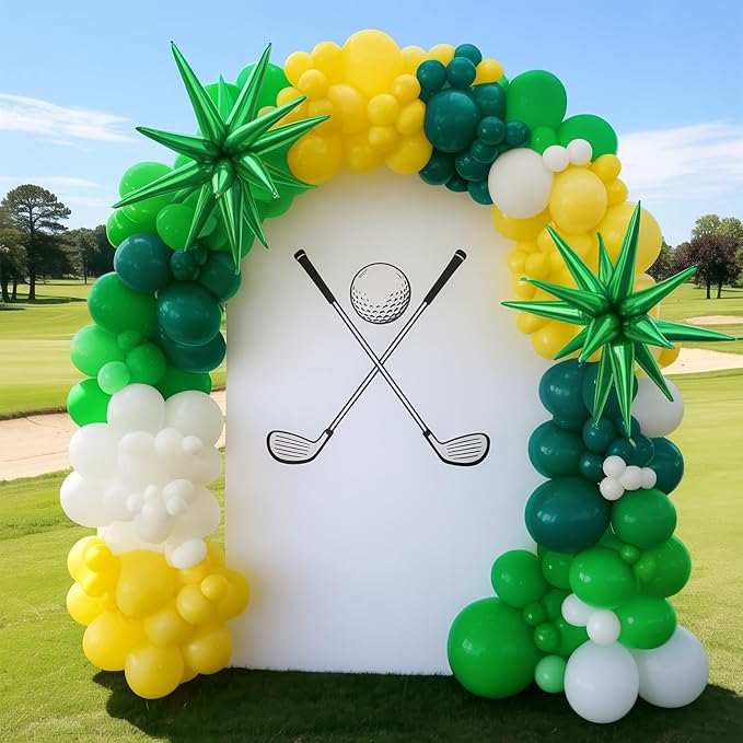 Green Yellow White Balloon Arch Garland Kit, Golf Hole In One Birthday Decorations with Foil Star Balloons for Golf First Birthday Lets Par-tee Sports Themed Party Retirement Decorations Supplies