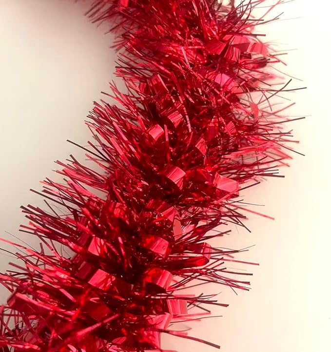 33Ft Christmas Tinsel Garland Shiny Thick Tinsel Xmas Tree Decorations Metallic Twist Foil Red Garland for New Year Parties Valentines Day Easter Parade Floats Indoor Outdoor Supplies - Red