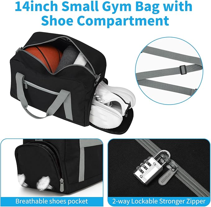Apenze Small Gym Bag 14 inch lightweight Carry On Mini Duffel Bag with Shoe Compartment for Travel Sport - Black/Grey