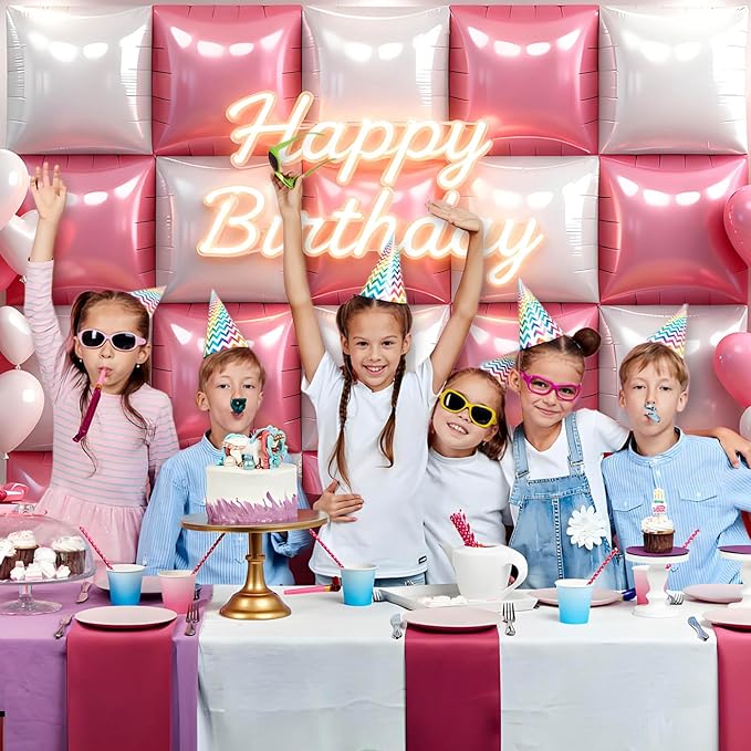 50Pcs Pink and White Square Foil Balloons Wall Backdrop, Double Sided Metallic Foil Balloons Tunnel Arch Garland Kit for Photo Booth Birthday Wedding Halloween Christmas Party Decorations