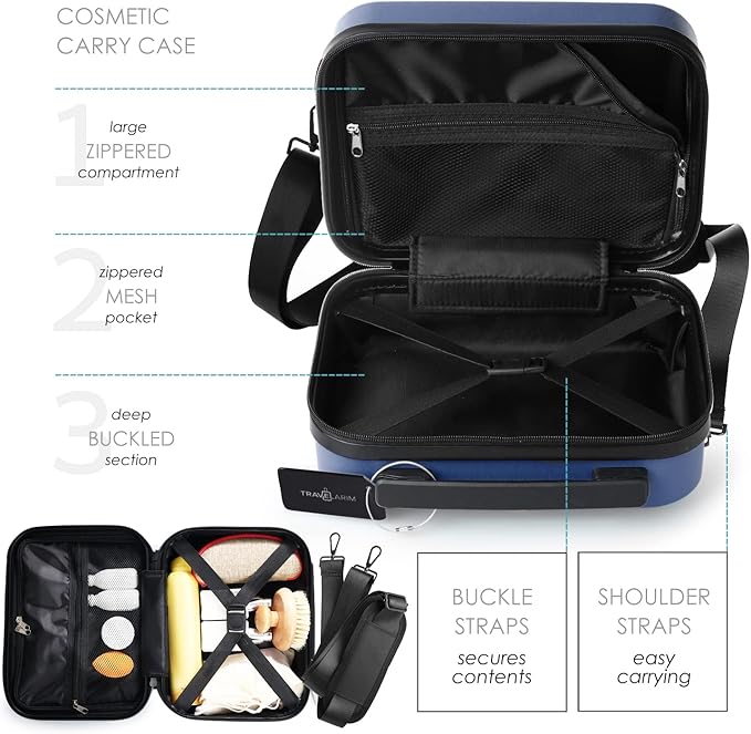 TRAVELARIM 20 Inch Carry On Luggage 22x14x9 Airline Approved, Carry On Suitcase with Wheels, Hard-shell Carry-on Luggage, Durable Luggage Carry-On, Navy Small Suitcase with Cosmetic Case