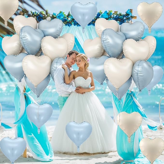 Blue White Heart Balloons, 18 Inch Baby Blue Cream Foil Heart Balloons, 10PCS Light Blue Nude Heart Shape Balloons Blue Helium Balloons for Boys Men Birthday Baby Shower Valentines Graduation