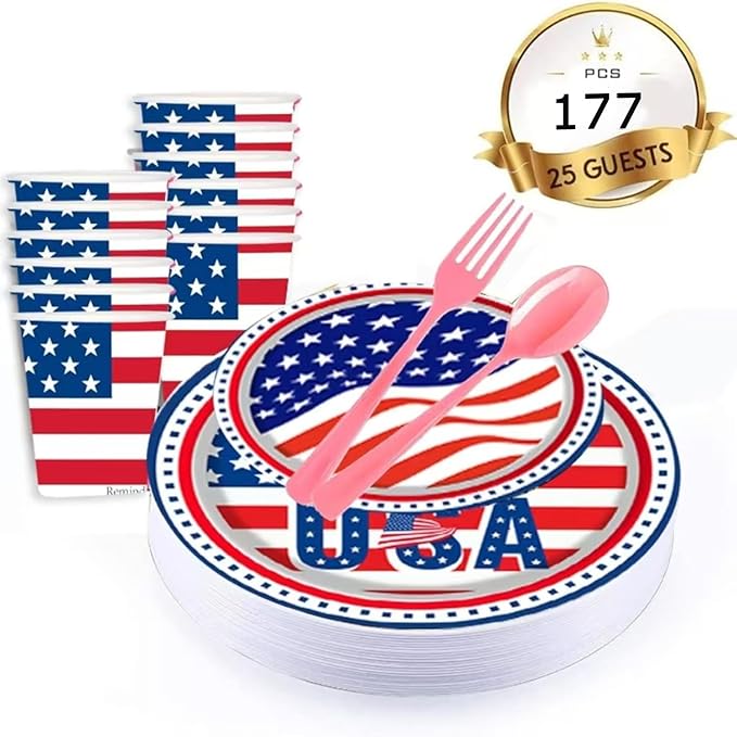 4th of July Party Supplies Tableware Set, 177 PCS Patriotic American Flag Paper Plate Disposable Set with tablecloths- Red Blue White USA Plates Napkins Cups, Forks Spoons for Picnic Barbecue