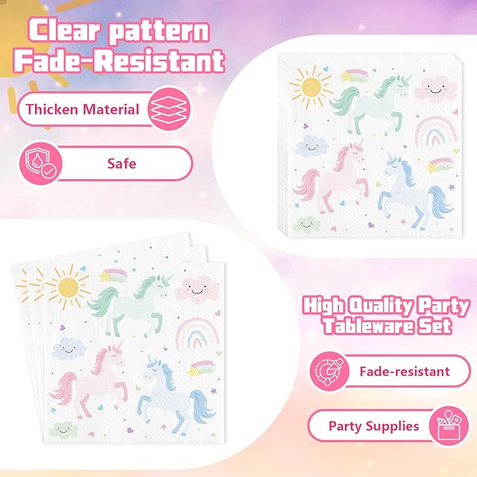 Unicorn Birthday Party Supplies for 24 Guests, Magical Pastel Theme Tableware Set Includes Disposable Paper Plates, Napkins, Cups, Cutlery, Unicorn Birthday Decorations for Girls