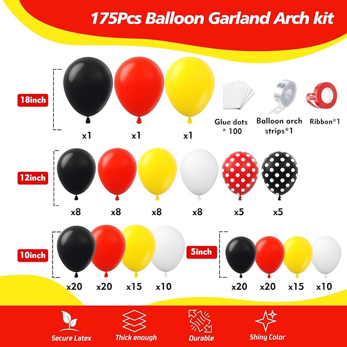 175Pcs Red Yellow Black Balloon Garland Arch Kit - Cartoon Mouse Theme Party Decorations with 18 12 10 5 Different Sizes Party Balloons for Birthday Anniversary Baby Shower Backdrop Decorations