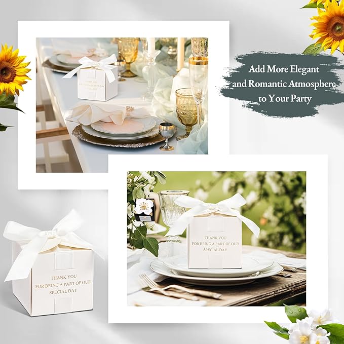 Marspark 50 Pcs Wedding Favor Boxes, 2.5 x 2.5 x 2.5 Inch Wedding Party Candy Boxes with Ribbons Bridal Gift for Guests Bridal Shower Birthday Party Anniversary Supplies(White)