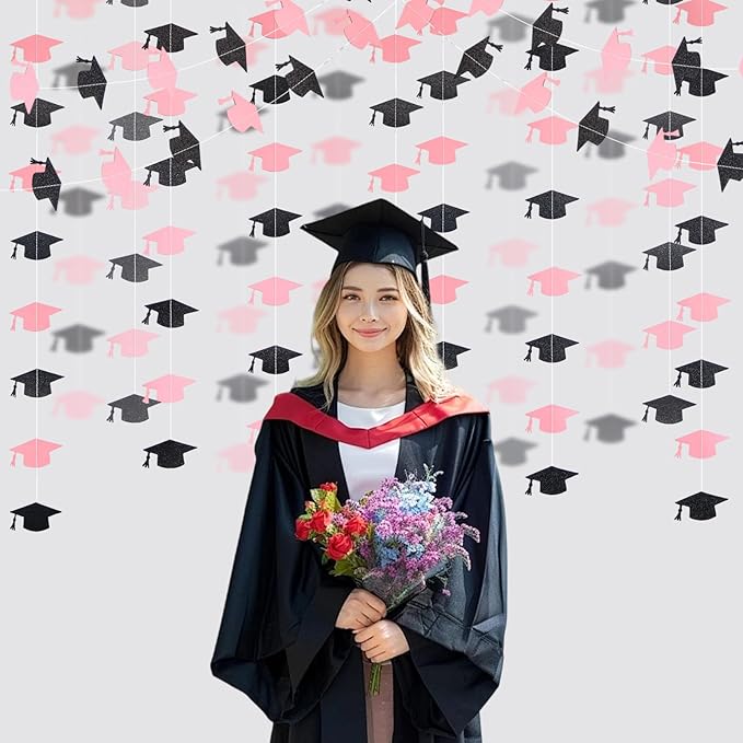 Black and Pink Graduation Garland Graduation Party Decorations Class of 2026 Grad Cap Garland Banner Streamers for Grad Party Hanging Decorations 39Feet