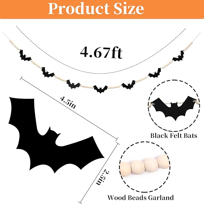 DAZONGE Halloween Decorations Indoor/Outdoor, Wood Felt Bats Bead Garland Banner for Halloween Decor, Farmhouse Bats Garland Decorations for Fireplace Mantle Walls