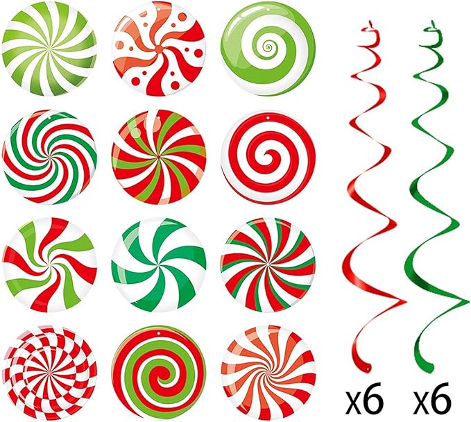 Christmas Candy Party-Decorations Garland Banners - 12Pcs Green Red White Streamers Hanging Swirl,Baby Shower Birthday Wedding Ornaments Classroom Supplies Decor Hugtmr