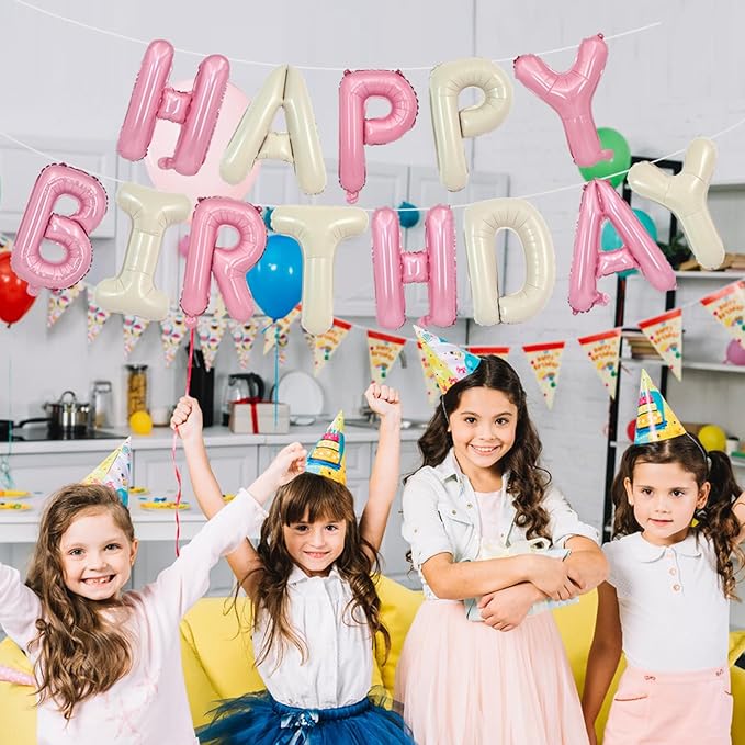 TONIFUL Happy Birthday Balloons with Ribbon Straw 16 Inch Mylar Letters Balloons Sign Banner Bunting Reusable for Girls Boys Kids & Adults Party Decorations Supplies（Cream White Pink）