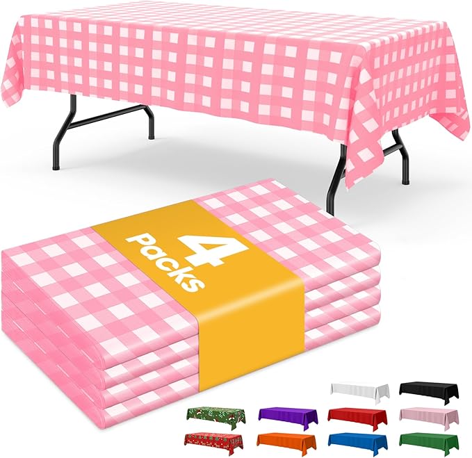 Pink Checkered Plastic Table Cloth - 4 Pack 54" × 108" Rectangle Disposable Tablecloths for 6FT Tables, Table Cover for Party, Holiday & Gathering Use