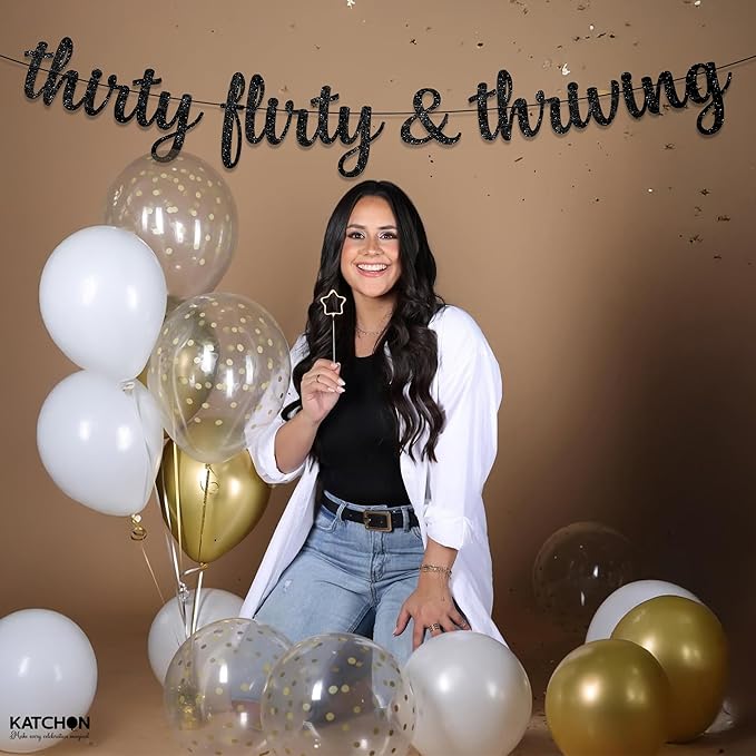 KatchOn, Glitter Thirty Flirty & Thriving Banner - 10 Feet | 30th Birthday Decorations for Her, Him | 30th Birthday Party Decorations for Women | Talk Thirty to Me banner, Black 30th Birthday Banner