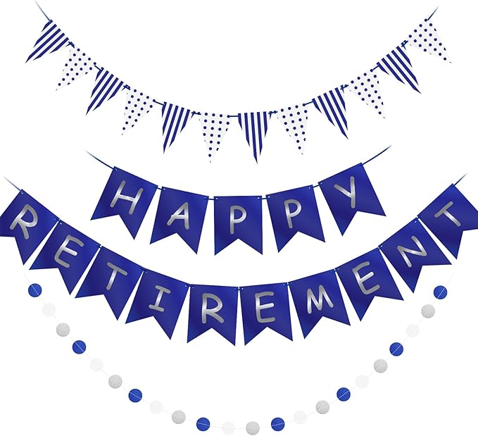 Happy Retirement Banner Assembled GAGAKU Blue and Silver Retirement Party Decorations Supplies Kit Blue White Paper Pennant Banner for Men Women Office Farewell Party