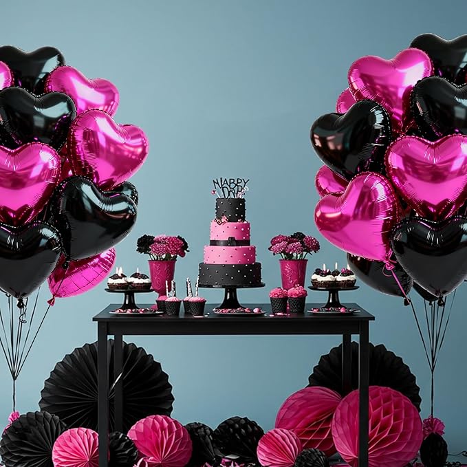 TONIFUL 30Pcs 18 Inch Black Hot Pink Balloons Black Rose Pink Heart Shape Foil Mylar Banners Decoration for Birthday Valentine's Day Wedding Bridal Shower Anniversary Engagement Party Supplies