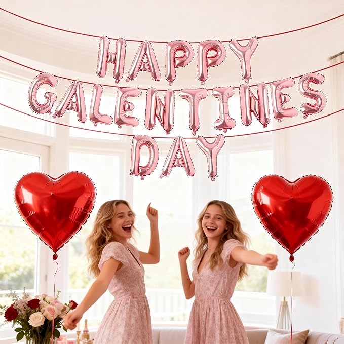 Happy Galentines Day Balloons Banner, 16 Inch Pink Galentine Letters Balloons Decorations 18 Inch Red Heart Foil Mylar Balloon for Women Ladies Galentine's Valentines Day Party Decoration Supplies