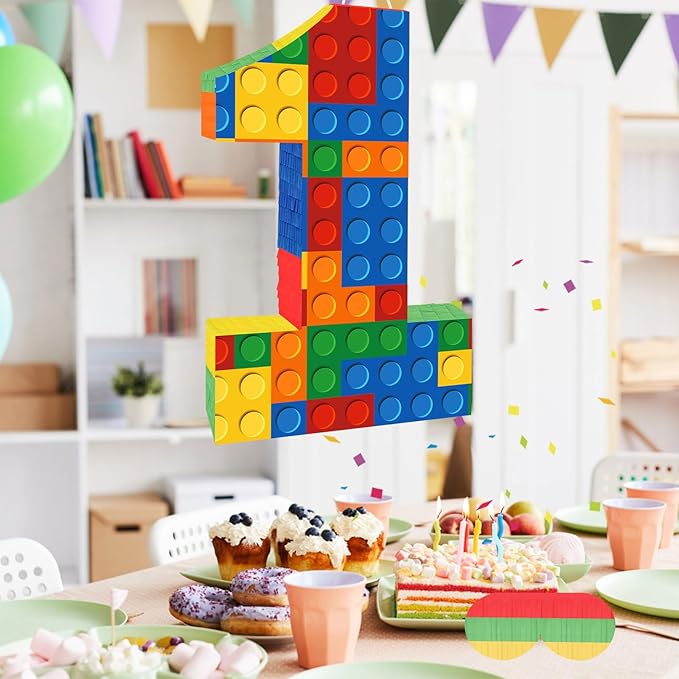 Number 1 Pinata Building Blocks with Pinata Stick Blindfold 1st Birthday Party Decorations for Kids Happy Birthday Building Block Theme Anniversary Party Supplies (Small, 16 x 10.6 x 3 In)