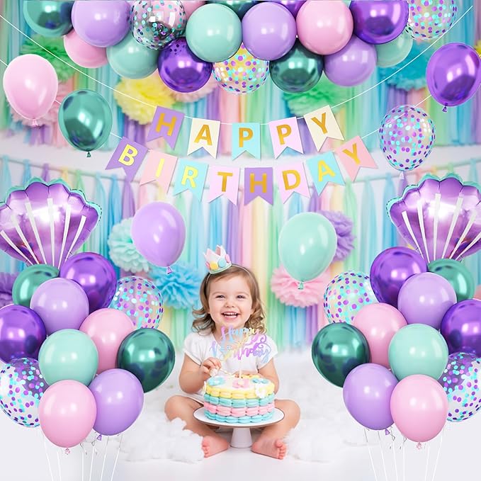 Mermaid Birthday Decoration for Girls,Metallic Purple Pink Green Blue Latex Balloons Seashell Foil Balloons Banner Cake Topper Mermaid Sea Decorations