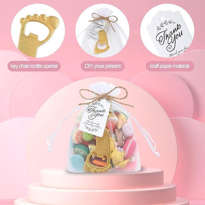 50pcs Baby Footprint Keychains & Bottle Opener Party Favors with Organza Bag (Gold)