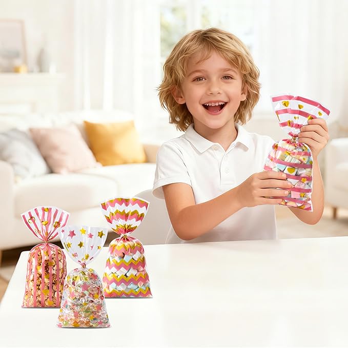Aegero Valentines Cellophane Bags 120pcs Valentines Candy Bags with 140pcs Twists for Valentine's Candy Cookie Goodie Snack Bag for Valentines Day Wedding Party Favor Supplies,Classroom Parties Valentine03-Gold Powder Heart