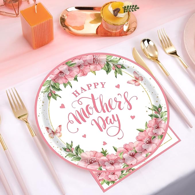 40pcs Mother's Day Paper Plates and Napkins Party Supplies, Disposable Mothers Day Party Plates and Napkins Flowers Theme Tableware Set for Birthday Mother's Day Decorations (Mothers Day)