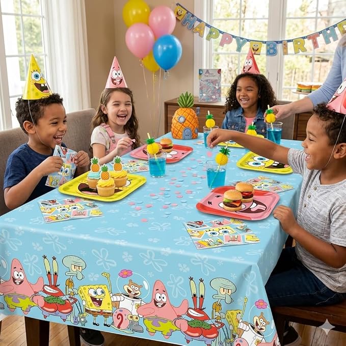 SpongeBob SquarePants Party Supplies Set, Square Plates in 9" and 7" sizes, Napkins, Tablecover with Confetti, Blue Yellow Theme, Serves 16 Guests at your Spongebob Birthday Party