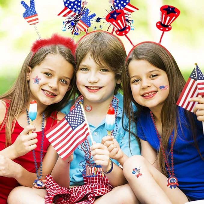 UMEELR 104 Pcs Patriotic Party Supplies, 4th of July Accessories with Necklaces Headbands Flags Tattoo Stickers for Independence Day Celebration Decorations