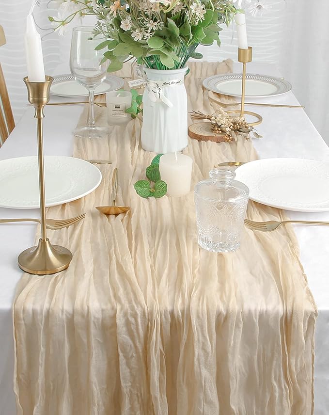 FEXIA 6 Pack Beige Gauze Table Runner 35x120 Inches for Centerpiece Table Decorations Ivory Cheesecloth Rustic Boho Table Runner for Bridal Shower Wedding Party First Communion Centerpiece Engagement
