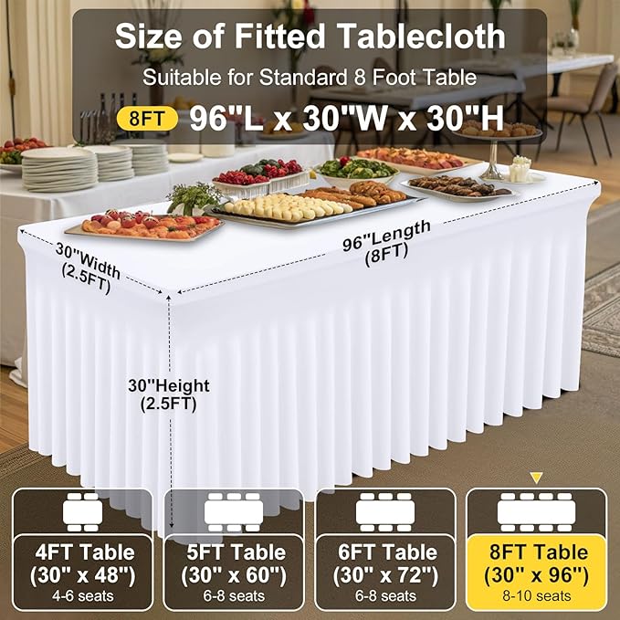 Smiry Spandex Tablecloth, Elastic Fitted Stretch Tablecloth for 8FT Rectangle Tables, Waterproof Washable Table Cover Skirt for Outdoor, Wedding, Banquet & Parties (White, 96Lx30Wx30H Inch)