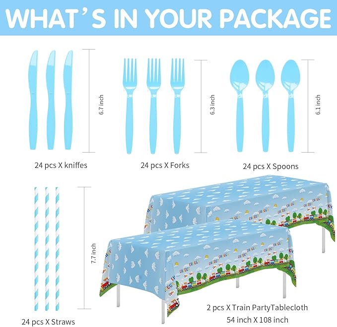 APOWBLS Train Birthday Party Supplies Tableware, Chugga Choo Train 1st 2nd 3rd Birthday Decorations, Paper Plate, Cup, Napkin, Disposable Cutlery, Straw, Tablecloth | 24 Guests