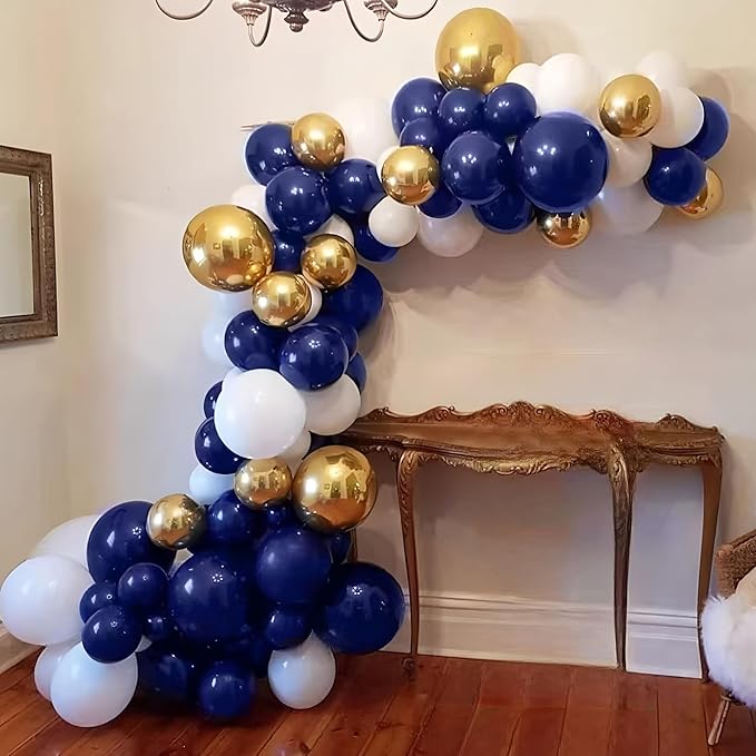 200 Pcs Navy Blue Gold and White Balloons 12 Inch Latex Metallic Chrome Balloon Arch Garland Kit for Birthday Wedding Bridal Baby Shower Supplies Graduation Party Decorations