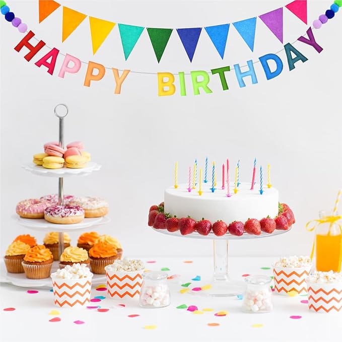 Pre-Strung 3D Happy Birthday Banner - Felt Ball Garland Happy Birthday Banner, Multicolor Rainbow Triangle Flags Reusable Party Decorations