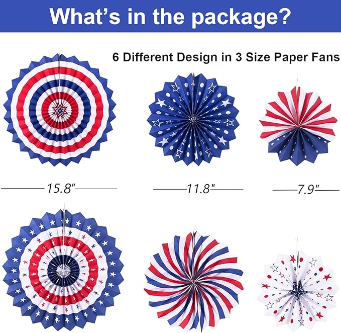 9PCS 4th of July Decorations Red White and Blue Paper Fans, USA Pennant Bunting, Star Streamers, Patriotic Tablecloth for Fourth of July Party Supplies, Memorial Day Veterans Day Patriotic Decor
