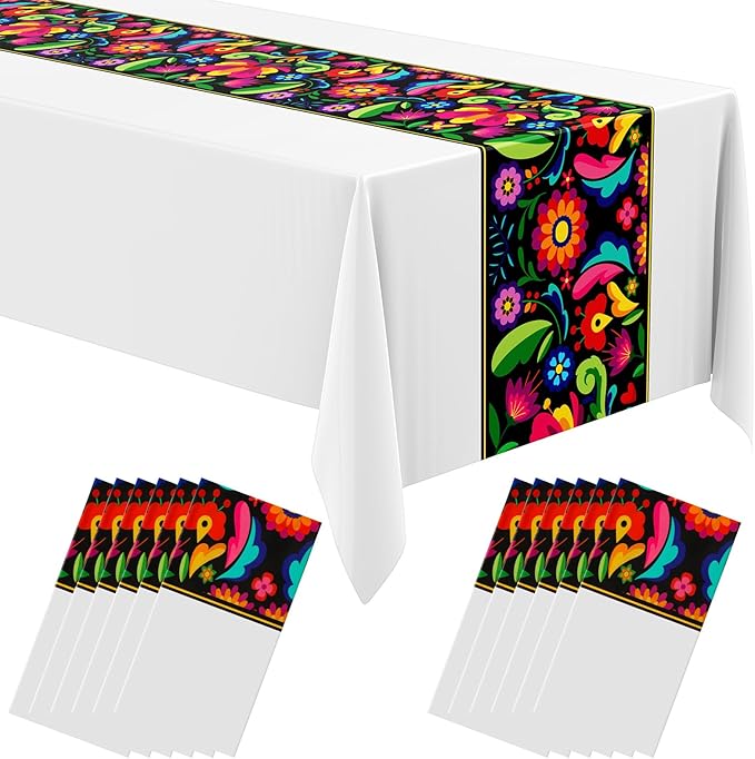 Oudain 12 Pcs Fiesta Tablecloth 108 x 54 Inch Plastic Tablecover Mexican Waterproof Tablecloth Disposable Table Cover for Taco Night Festive Mexican Fiesta Wedding Party Decoration (White)