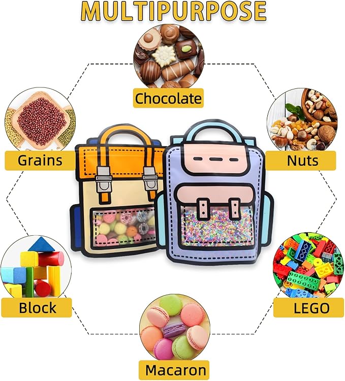 30 Pack Cartoon Backpack Goodie Bags Clear Gift Candy Bags with Handle Small Plastic Ziplock Seal Bag Smell Proof Reusable Resealable Storage Packaging For Home Party Favor Birthday Bag(Mixcolor)