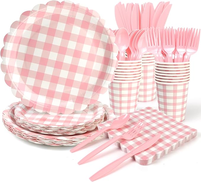 168PCS Party Plates, Pink Scalloped Gingham Paper Plates and Cups and Napkins Sets Party Supplies for Birthday Wedding Bridal Shower Baby Shower Picnic, Serve for 24 Guests, Pink