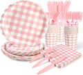 168PCS Party Plates, Pink Scalloped Gingham Paper Plates and Cups and Napkins Sets Party Supplies for Birthday Wedding Bridal Shower Baby Shower Picnic, Serve for 24 Guests, Pink
