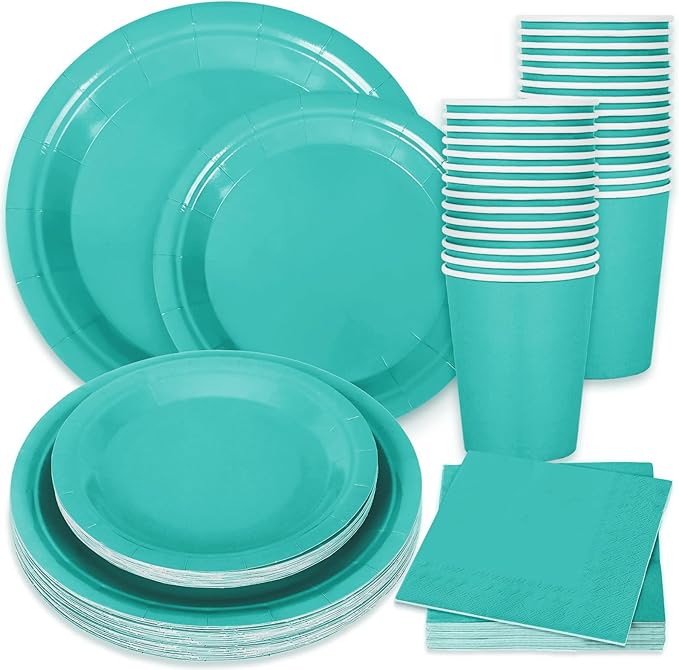 Whaline 100Pcs Teal Tableware Set Teal Blue Disposable Dinnerware 50Pcs Paper Plate 25Pcs Napkin 25Pcs Cup for Birthday Wedding Baby Shower Family Picnic Party Supplies Table Decor