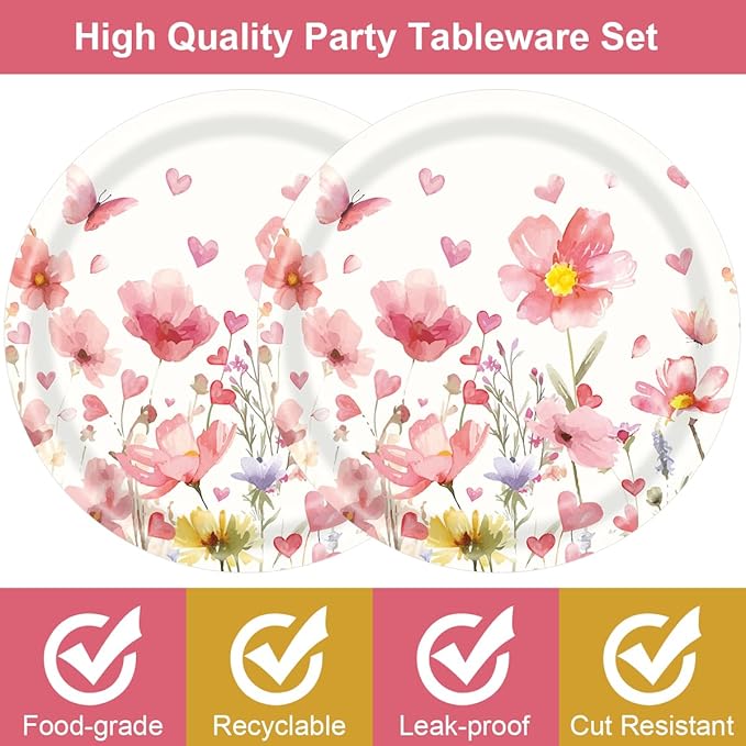 Spring Flowers Plates and Napkins Sets Pink Floral Party Supplies Wildflower 9inch 20pcs Paper Plates and 20pcs Napkins Tableware Party Decorations for Anniversary Wedding Birthday